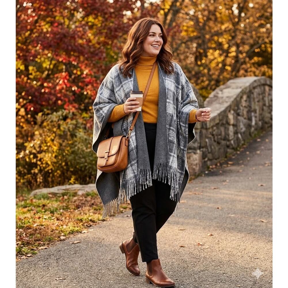 Eivissa Gray Plaid Reversible Wrap Poncho Fringe Trim One Size